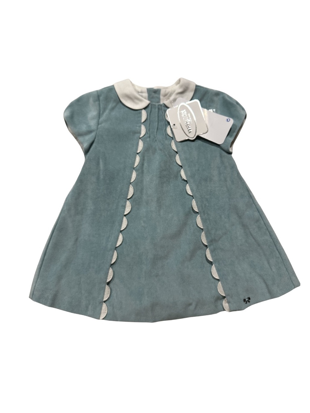 Mayoral Infant Dress w/ Bonnet Ice Blue Scalloped Collar Designer Girls 6-9m - Picture 2 of 11